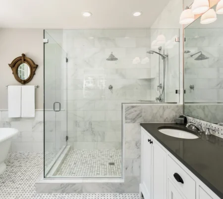 90 Enclosure - Glass Frameless Shower Door - White Master Bathroom - Wall Mount - View 8, Opens Model Box