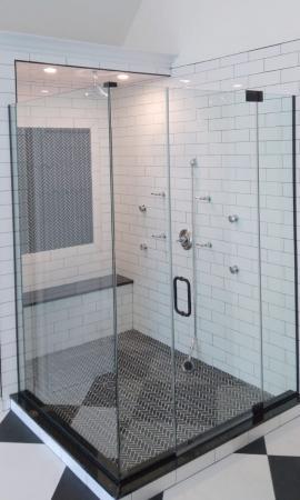 90 Return Enclosure - Glass Frameless Swing Shower Door - Pivot Glass Hinge - View 23, Opens Model Box