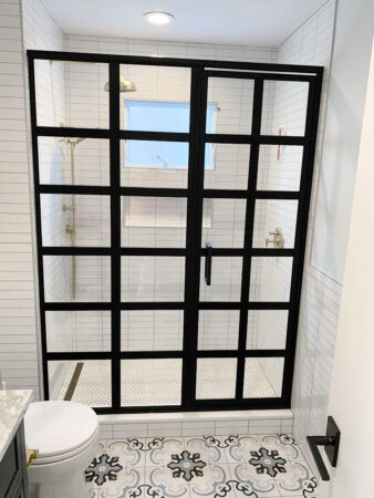 Inline Swing Framed Grid Shower Door - Matte Black - View 14, Opens Model Box