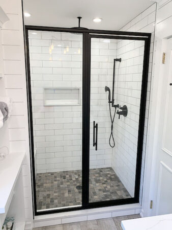 Inline Swing Framed Shower Door - Matte Black - View 34, Opens Model Box