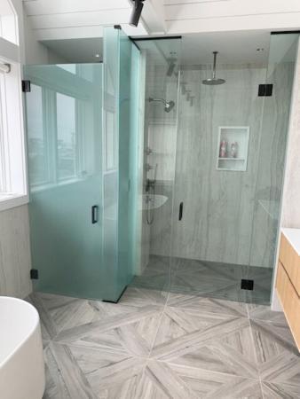 180 Enclosure - Glass Frameless Swing Shower Door - Glass Mount - Frosted Glass Toilet Wall Mount Swing Door - View 10, Opens Model Box