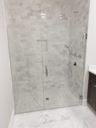 Inline 180 - Glass Frameless Swing Shower Door - Wall Mount - View 28, Opens Model Box