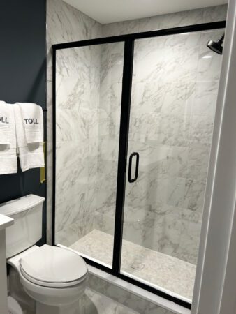 Inline 180 - Glass Semi-Frameless Swing Shower Door - Dark Anodized - Wall Mount - View 27, Opens Model Box