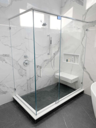 90 Return - Semi-Frameless Swing Shower Door - Glass Mount Hinge - View 35, Opens Model Box