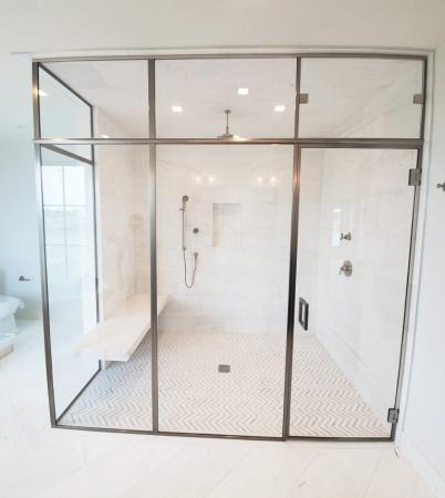 90 Enclosure Steam - Framed Glass Swing Shower Door - Wall Mount - Brushed Nickel - View 22, Opens Model Box